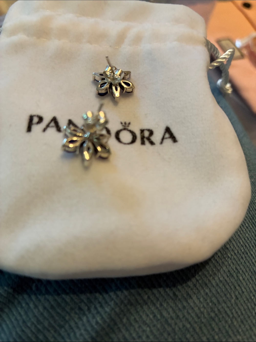Pandora Sapphire Blue Flower Stud Earrings Silver Posts New w Dust Bag - Picture 3 of 3